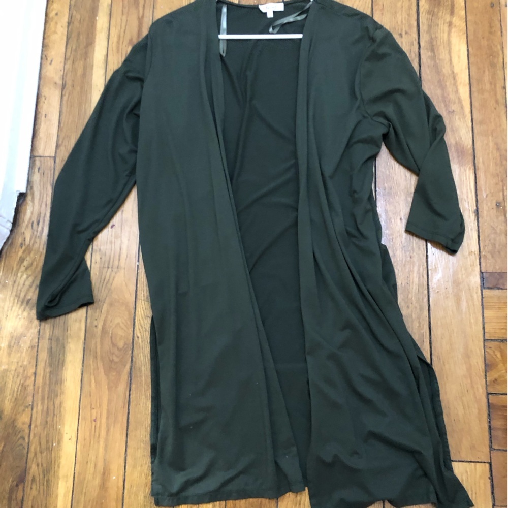 Olive Green Longline Duster Cardigan Open Front Lightweight Knit Kimono style - Picture 3 of 5